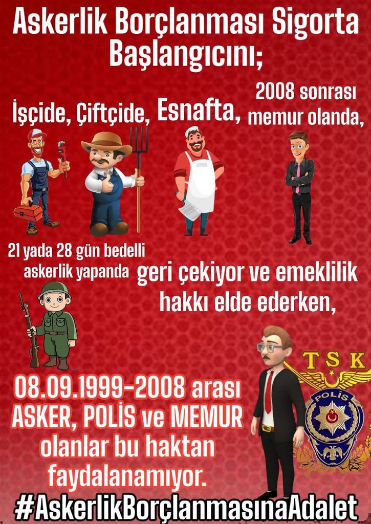 <a href="/bdemircioglu/">Dr. Burhanettin DEMİRCİOĞLU</a> 18 ay vatan görevi yaptık, kimimiz askerlik sonrası işçi, esnaf, çiftçi oldu ve #AskerlikBorçlanması yapıp sigorta başlangıçlarını geri çekip emekli oldular.
Biz Polis Asker ve Memurlara ise bu hak verilmediğinden emekli olamıyoruz
Artık sesimiz duyulsun ve mağduriyetimiz bitsin.