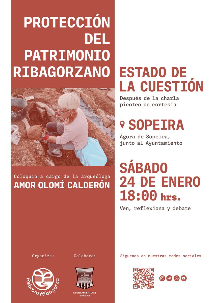 👵🏻¿Por qué é important preservá las nuestras raíces? ¿En qué estau se troba el patrimonio ribagorzano? ¿Cómo lo podén protegé?

⛪️De tot esto, y más, charrarén con la arqueóloga Amor Olomí en el próximo coloquio de Rebrota #Ribagorza

📍En #Sopeira, sábado 24 de chinero, 18h