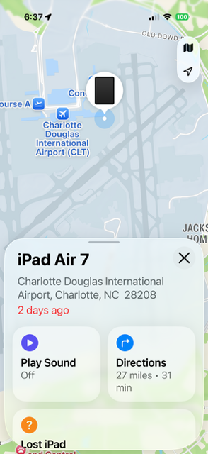 BosePro20's tweet photo. .@AmericanAir - Update: Find My pings now shows my iPad at a residential address in Cornelius, NC (20615 Sterling Bay Ln W, 28031) as of ~16 hours ago. Not at CLT anymore—likely taken by someone who found it on AA749. Can you please escalate to security/loss prevention or advise on next steps? Report ref: [Report ID: 43641437]. Screenshots attached.