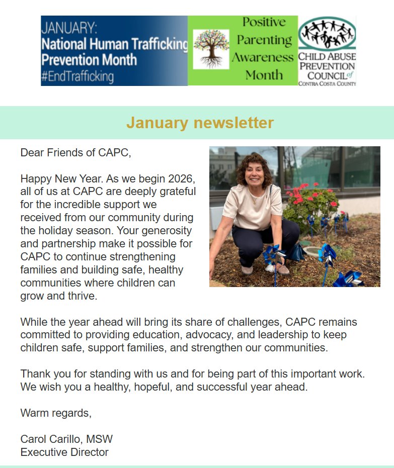 PreventKidAbuse's tweet image. The January newsletter has been sent out!
It includes important updates,upcoming opportunities, and resources we hope will be helpful to you and your family. Thanks for staying connected with us.
click on the link to the read the newsletter conta.cc/4bqAP50
#followus #capc