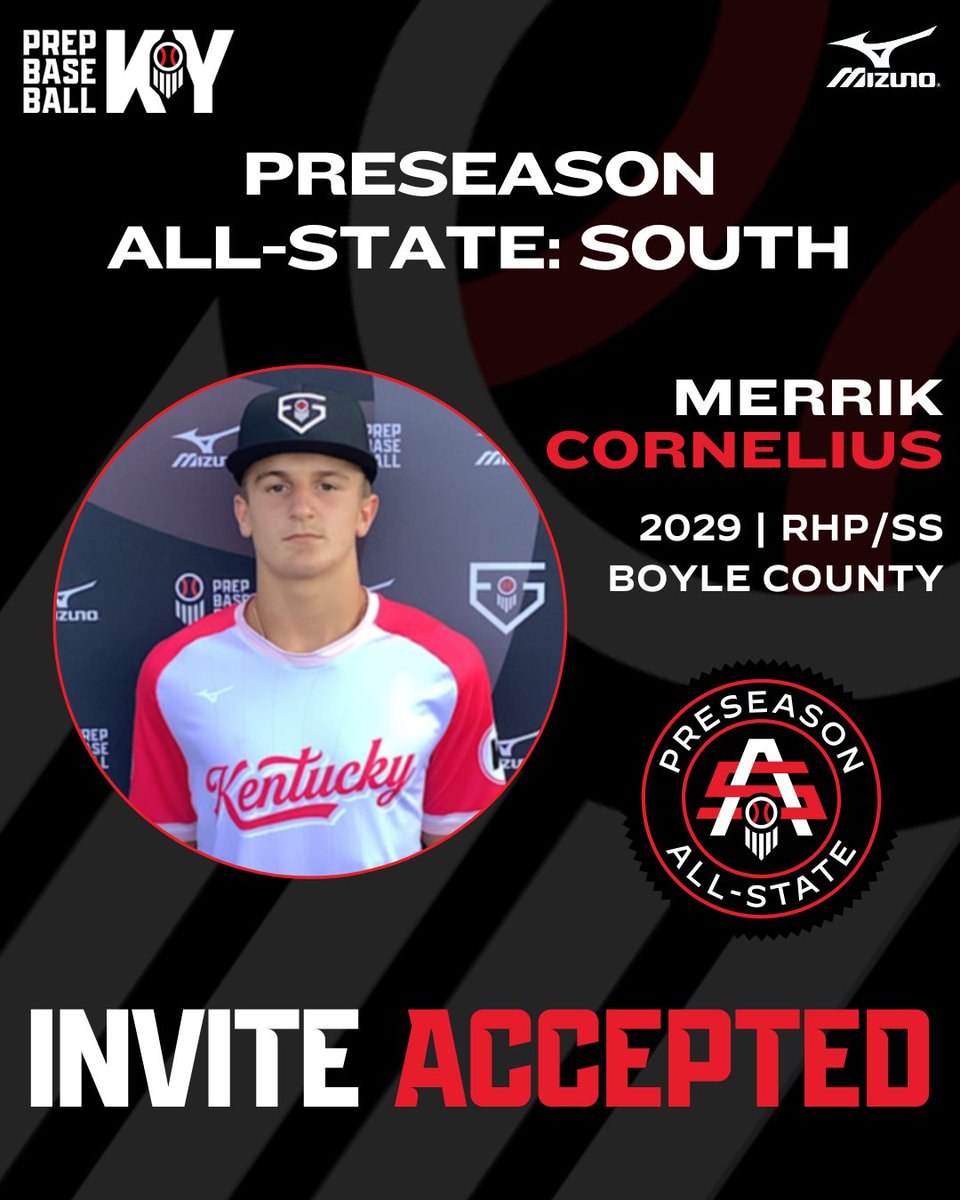 PrepbaseballKY's tweet image. 🎟️ PSAS SOUTH: INVITE ACCEPTED 🎟️

2029 RHP/SS Merrik Cornelius (@BoyleCoBaseball) has accepted his invite to this year’s Preseason All State South!

Nationally ranked #180 overall (#34 RHP), state ranked #2 overall (#1 RHP)

👤 &amp;gt;&amp;gt; loom.ly/wRQat18 || @Merrik_Corn…