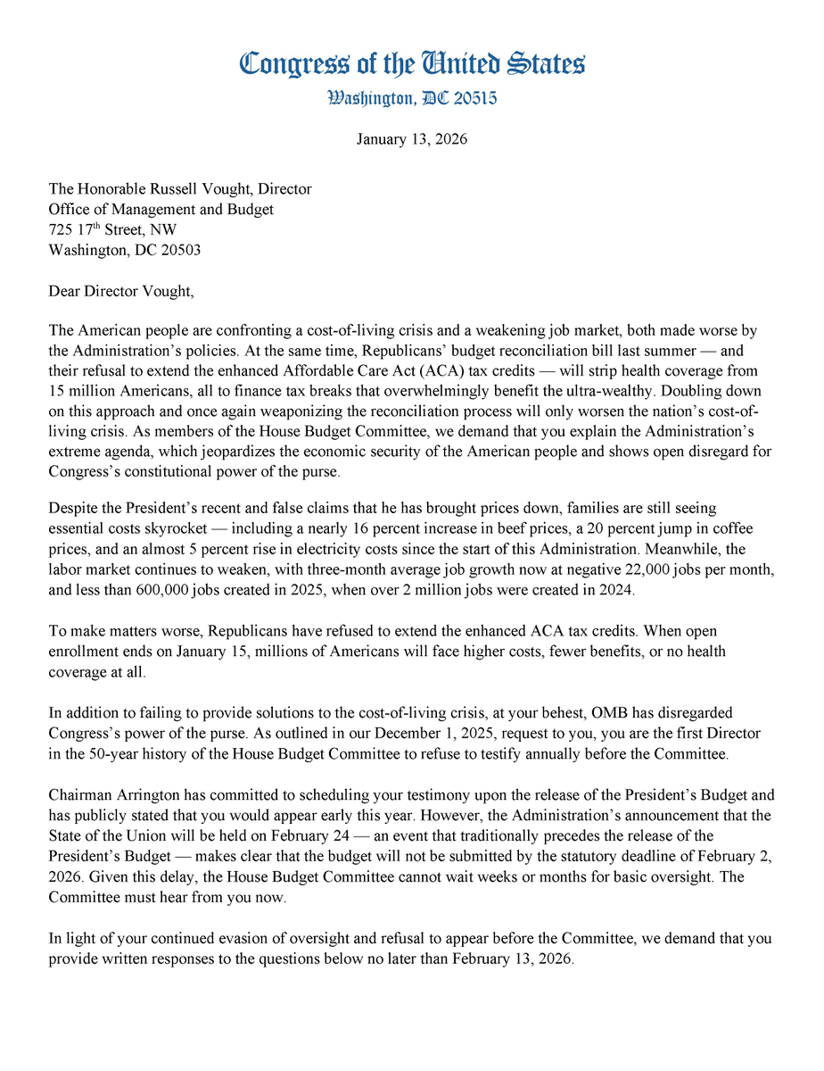 HouseBudgetDems's tweet image. NEW: Americans are facing a cost-of-living crisis and a weakening jobs market thanks to this administration.

Trump's OMB Director, Russell Vought, still refuses to testify before this committee.

We're demanding the answers that American families deserve.