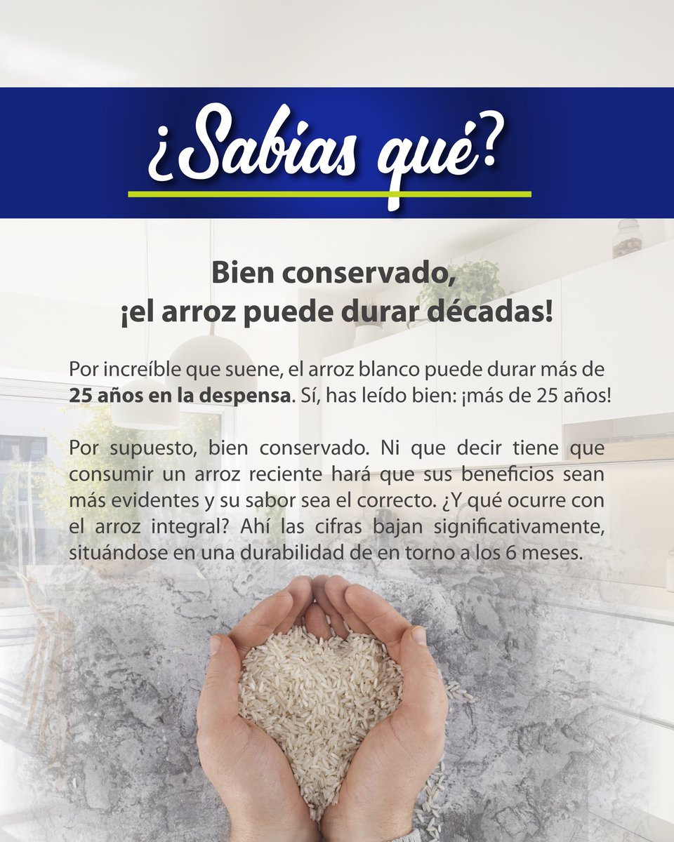 ¿Sabías qué?

Bien conservado, ¡el arroz puede durar décadas!

Por increíble que suene, el arroz blanco puede durar más de 25 años en la despensa. Sí, has leído bien: ¡más de 25 años! Por supuesto, bien conservado.