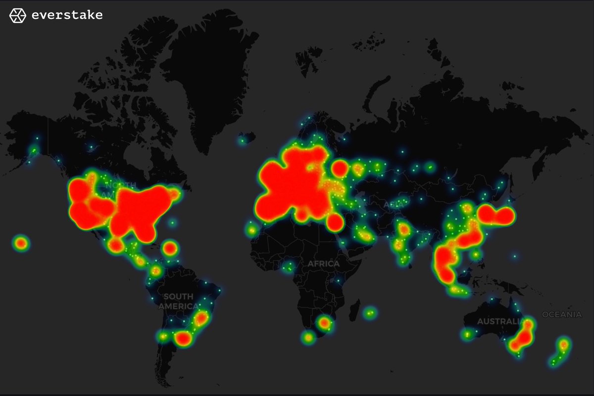 1/4 Ethereum is truly global. And this real-time heatmap shows the  worldwide distribution of Ethereum nodes, a live picture of  decentralization in action. Check this out: 👇