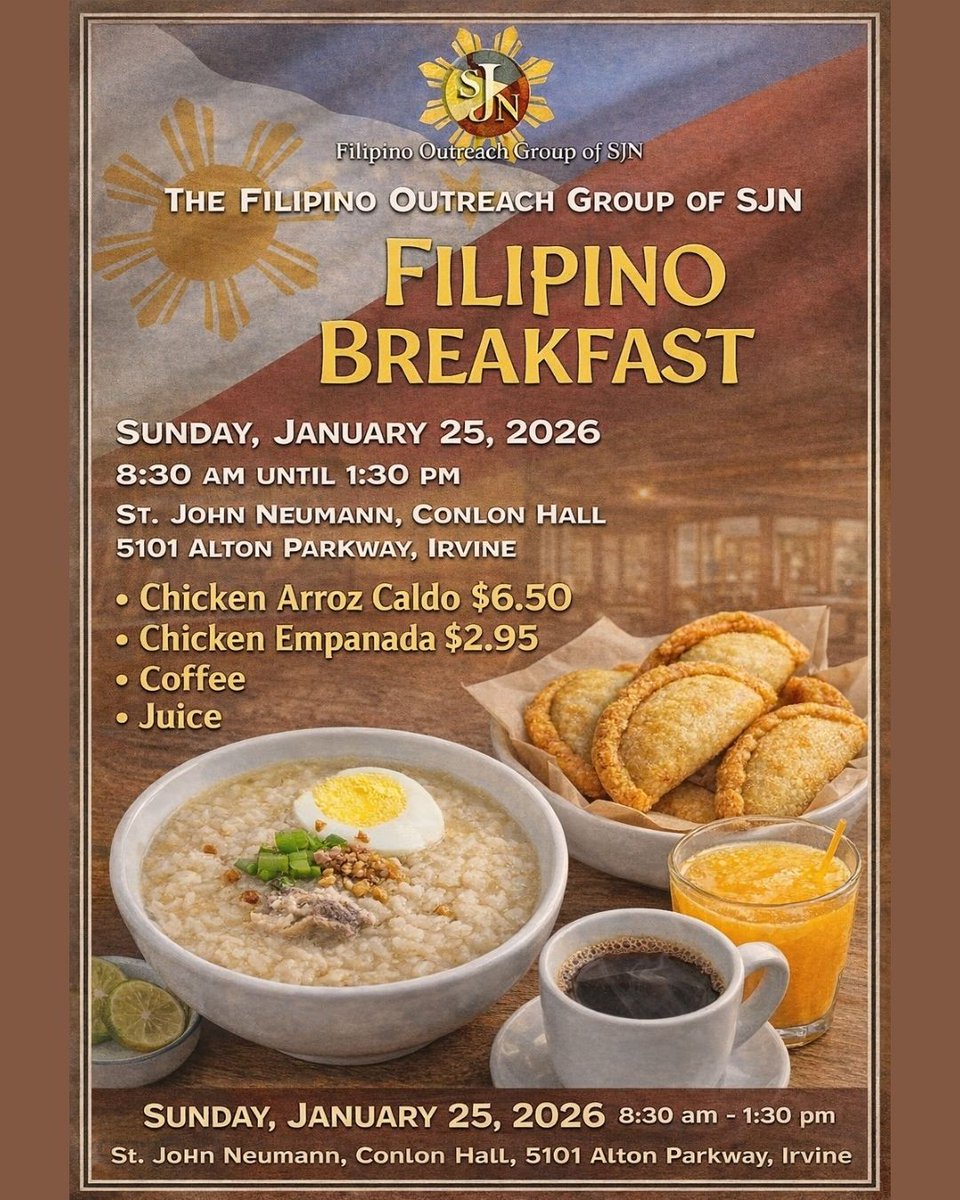 sjnirvine's tweet image. Save the date! Join us in Conlon Hall on January 25th from 8:30 AM - 1:30 PM for amazing Chicken Arroz Caldo, Empanadas, and fellowship. It’s a wonderful opportunity to support our parish community and enjoy a delicious meal.