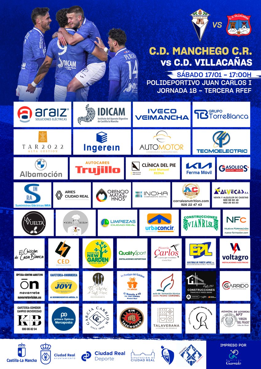 🔵 CARTEL PARTIDO ⚪️     

Repartidos por toda #CiudadReal y pueblos cercanos los carteles del partido de este sábado en el Poli con la visita del CD Villcañas.  

Gracias a todas las empresas que suman su apoyo a los partidos de casa. Y a los #Mancheguistas que dedican parte de