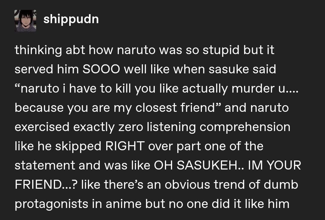 deepdishdabi's tweet image. he had optimised his brain to only have Sasuke thoughts
