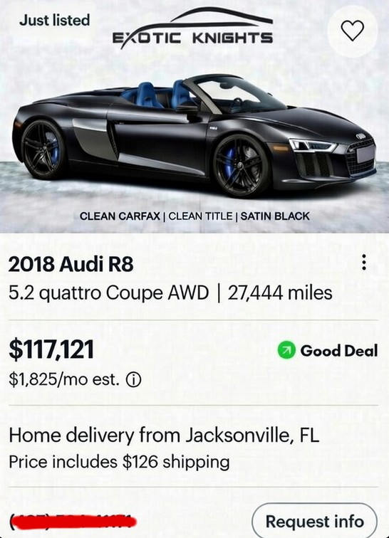 GetClipped's tweet image. Cheesur already listed his 2018 Vintage Audi R8 just weeks after buying it for $140,000 😭