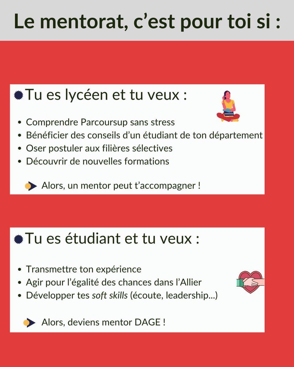 dage_asso's tweet photo. Lundi prochain, les inscriptions sur Parcoursup commencent, et pour t’aider à te préparer, tu peux participer à notre programme de mentorat ! 
Le mentorat c’est la possibilité pour toi, lycéen, de bénéficier d’un accompagnement spécialisé d’un étudiant dans ton d’orientation ! https://t.co/4IDuK4UIJb