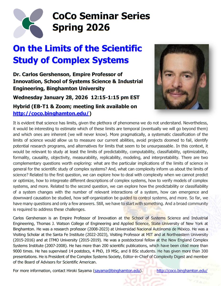 First CoCo seminar of Spring 2026 will be by our own Carlos Gershenson!
On Wed. Jan. 28th