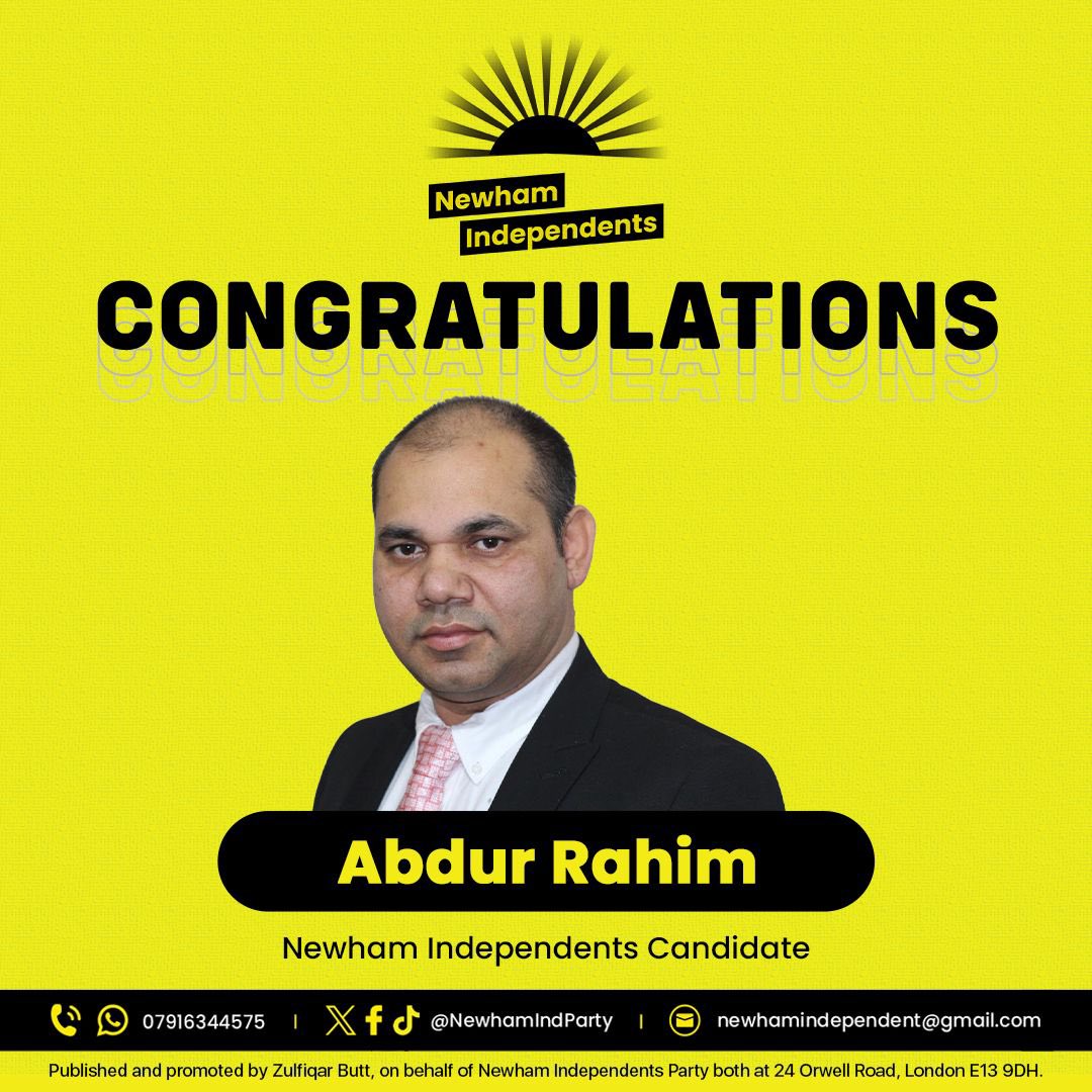 NewhamIndParty's tweet image. 🎉Congratulations to Abdur Rahim on being selected as a Newham Independents councillor candidate for the May 2026 local elections.
Wishing you every success on this exciting journey!

#NewhamIndependents #LocalDemocracy #TeamNewham