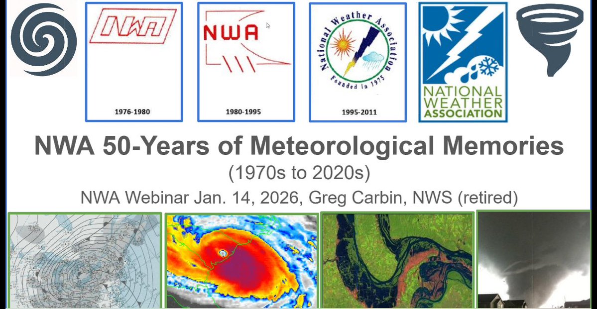 blamarre's tweet image. Part 1: An incredible presentation from Greg Carbin (retired @NWS) on his historical #weather perspective of memorable (not all inclusive) events spanning the decades of the @nwas National Weather Association during today’s webinar. Well done! #flwx