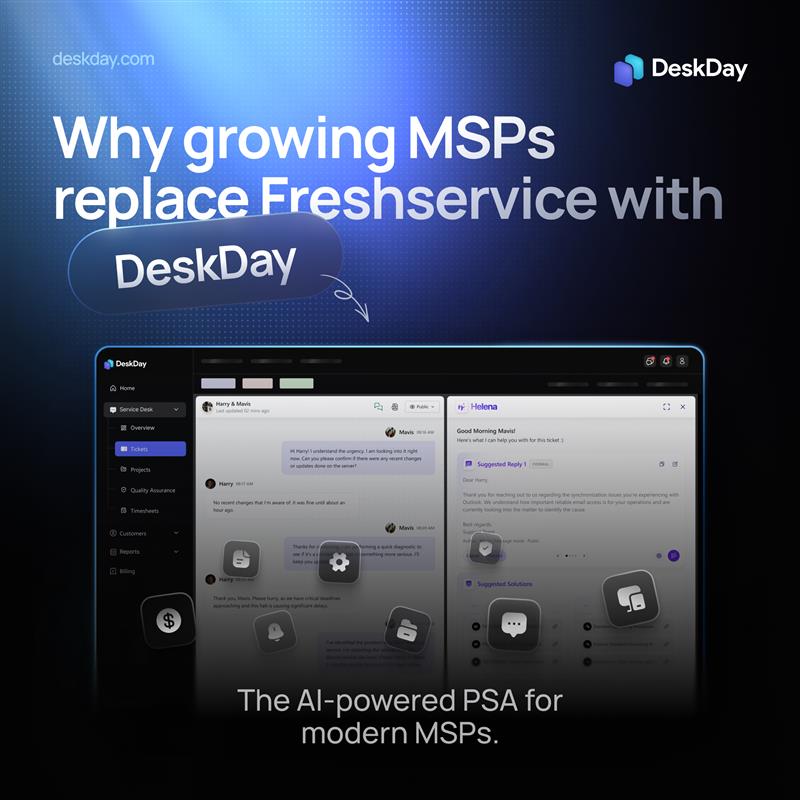 deskday_com's tweet photo. Freshservice isn’t broken. It’s just not built for MSPs. You run on contracts, margins, and SLAs, not ITSM checklists. DeskDay is a PSA with AI at the center. 
That difference shows up fast.

👉 See why MSPs are switching from Freshservice to DeskDay. 

https://t.co/mxQPSQ3LIL https://t.co/Xtv5IcrxSO
