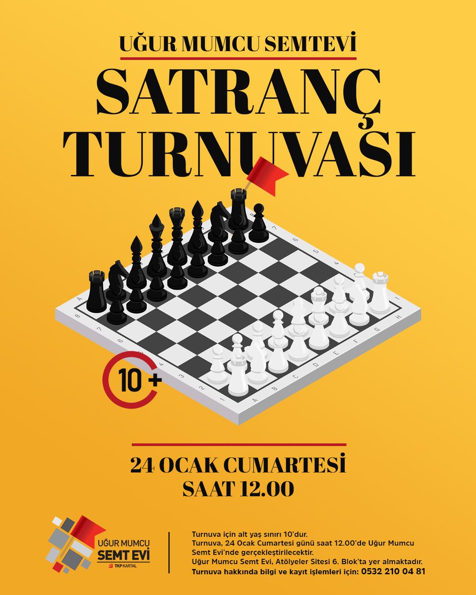 Mahallemizdeki satranç severleri semt evimizde düzenleyeceğimiz turnuvamıza bekliyoruz. 
Katılmak isteyenler dm den yazabilir veya 5322100481 numaralı telefonu arayarak kayıt yaptırabilir.
<a href="/istanbul_tkp/">TKP - İstanbul</a> 
<a href="/KartalTKP/">Kartal TKP</a>