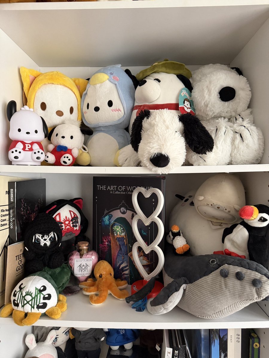 Almost done unpacking my house (!!) so here is spider jockey ii on da sleep token shelf ft my love for black and white dogs (and puffins)