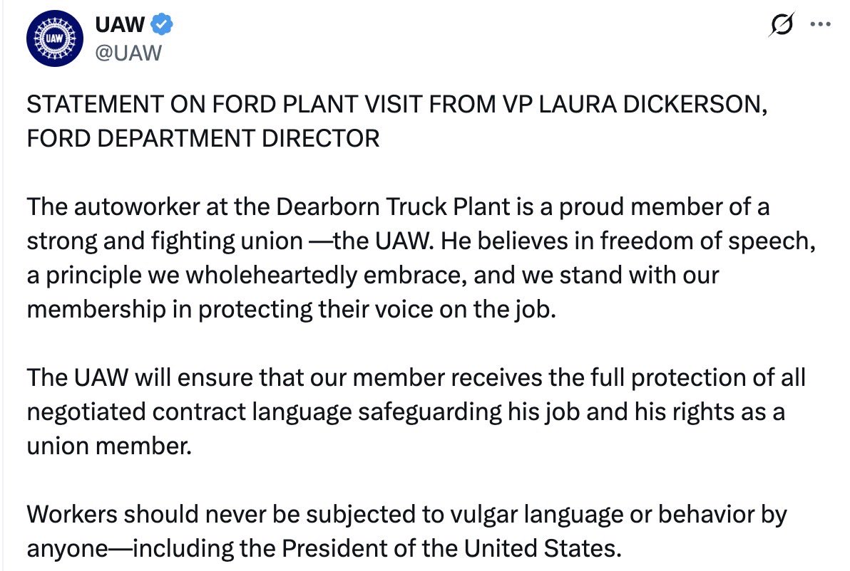 allenanalysis's tweet image. BREAKING: The UAW is standing by the Ford worker who called Donald Trump a “pedophile protector” and was suspended afterward.

The union says he is a proud UAW member, has the right to free speech, and will receive full contractual protection.

Workers should never be subjected…