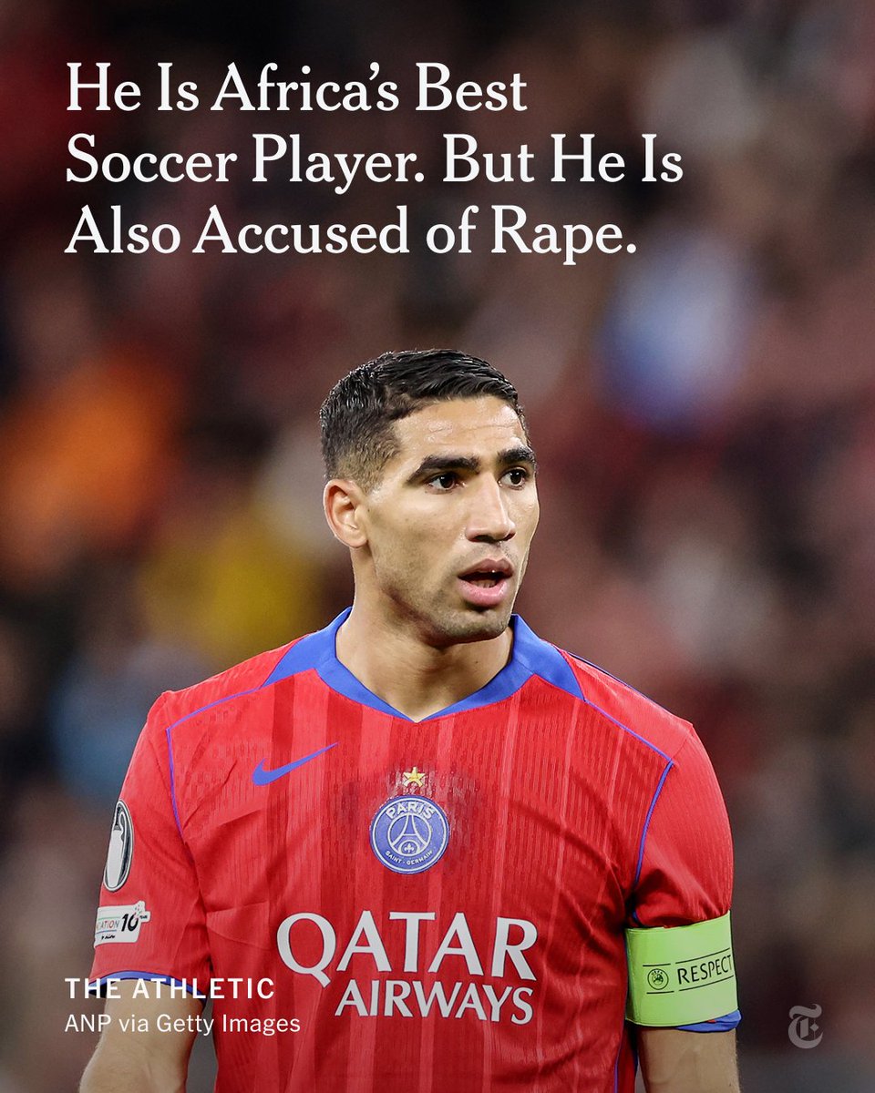 nytimes's tweet image. From @TheAthleticFC: Achraf Hakimi, Morocco’s captain and star player, is unconditionally idolized around the world, but should he be? What will happen if he lifts the AFCON trophy this weekend and then finds himself in a courtroom later this year? nyti.ms/49V7RZK