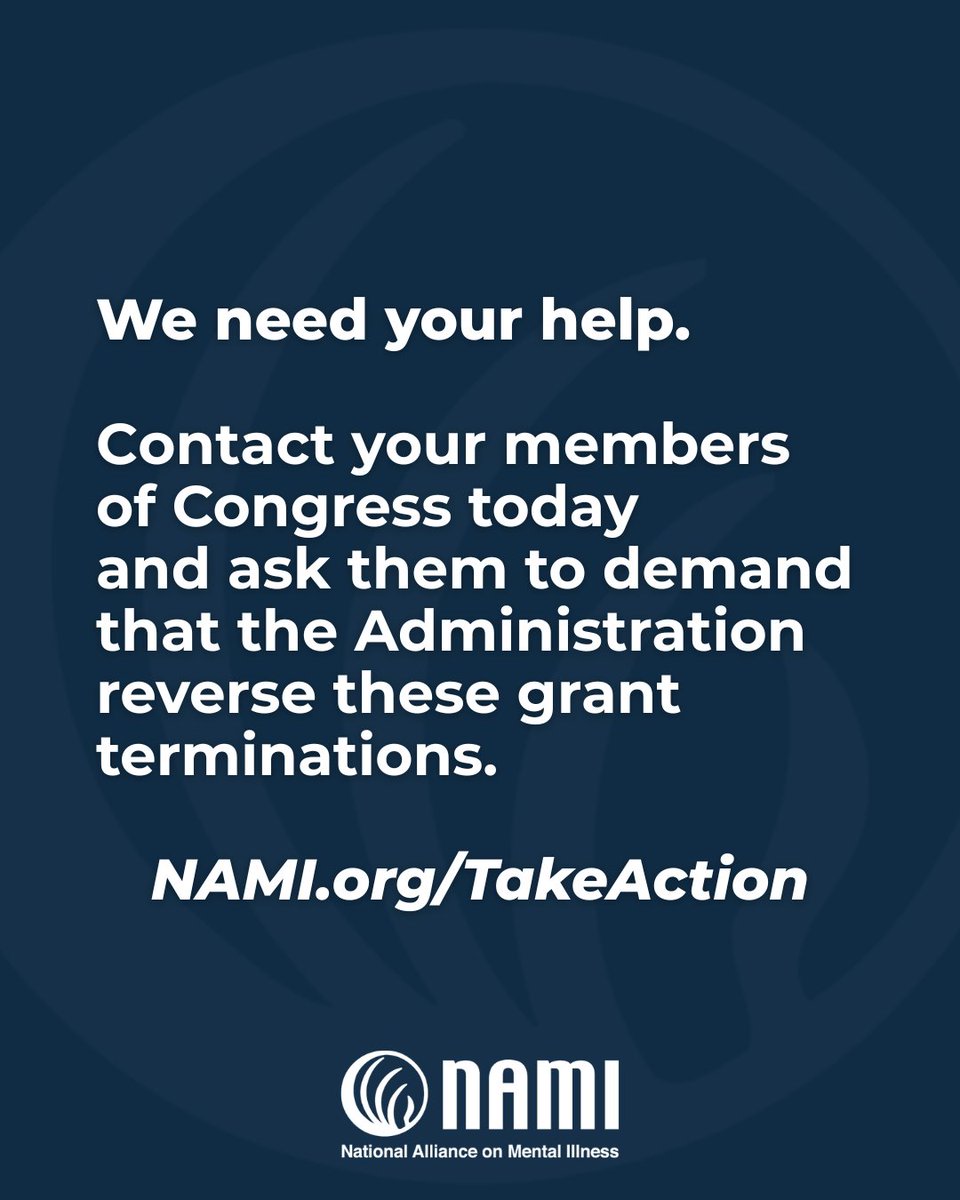NAMICommunicate's tweet image. Hundreds of SAMHSA grants supporting mental health and substance use services were terminated overnight.

These decisions threaten suicide prevention, overdose prevention, and community-based care nationwide.

Read NAMI’s statement:
📷 nami.org/press-releases…

@NAMIAdvocacy