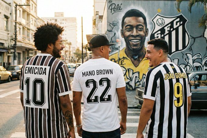 DonSantista's tweet photo. Só Santos mesmo pra juntar ícones Santistas como Mano Brown, Emicida e João Gomes numa apresentação de um jogador e trazer toda nossa identidade instantaneamente. https://t.co/n3uXZRos5E