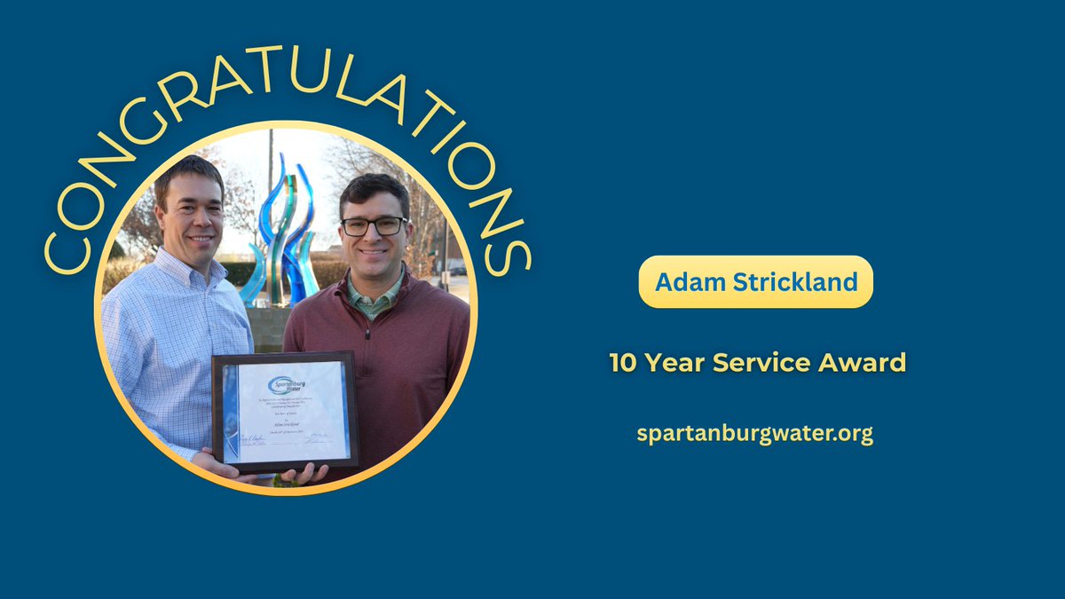 💼 Celebrating a decade of dedication! 🎉 Adam Strickland, our incredible Technology Manager, has been keeping Spartanburg Water's systems running smoothly for 10 years. Adam is shown receiving his 10 Year Service Award from Kevin Brown, Administrative Services Director. Your