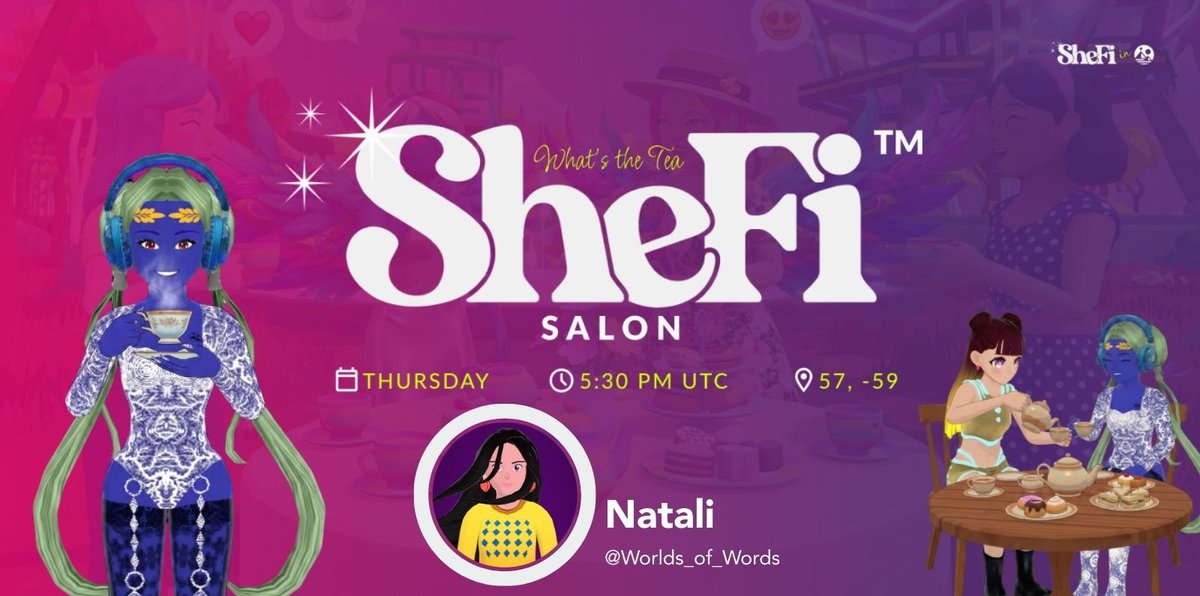 SheFi Salon tomorrow features Natali <a href="/Worlds_of_Words/">Natali</a> ! 

Natali is a content creator, journalist &amp; <a href="/shefiorg/">shefi.eth (💫,💫)</a>  S.13 alumna who's been building amazing things in <a href="/decentraland/">Decentraland</a> 

Casual, inspiring, &amp; open to everyone! 

📅 Tomorrow, 5:30 PM UTC

See you there!