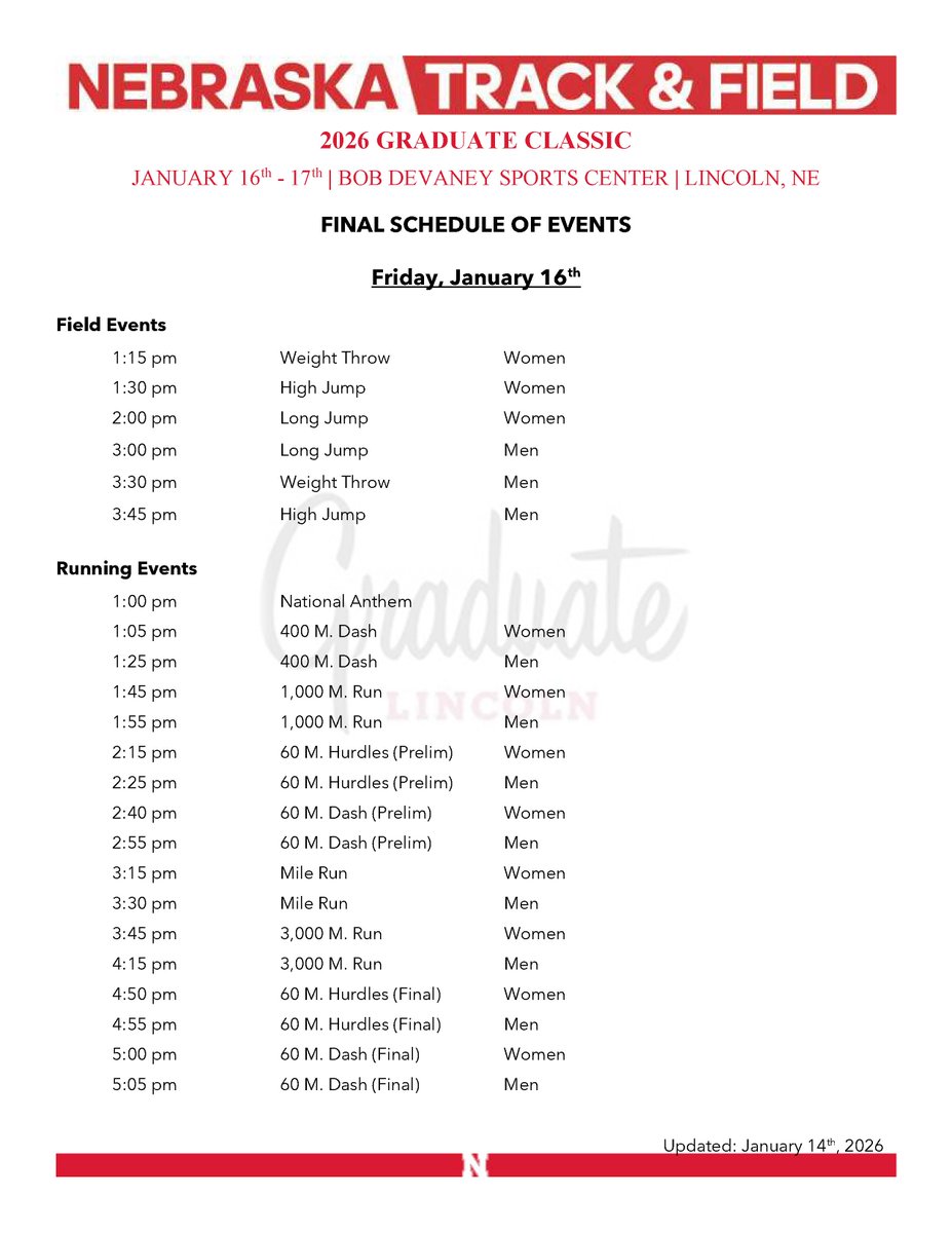 PrepRunningNerd's tweet image. UNL hosts its first indoor meet of the season this Friday (1:00-5:00) and Saturday (10:00-1:30).  It's the first of eight indoor and outdoor meets hosted by UNL this year, culminating with the Big Ten outdoor champs on May 15-17.  Teams competing this weekend include UNL,…