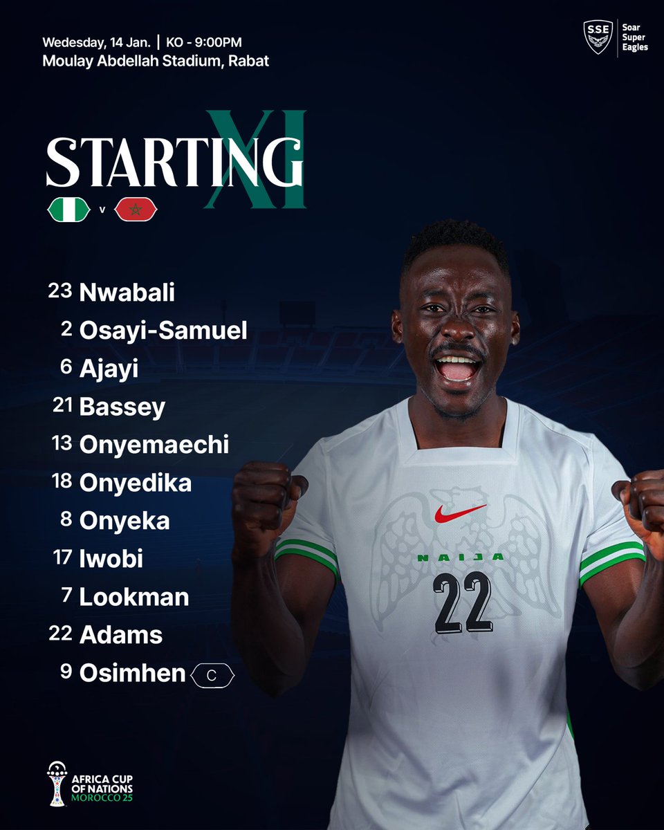 SSE_NGA's tweet image. Super Eagles XI vs. Morocco 

#NGAMAR #AFCON2025