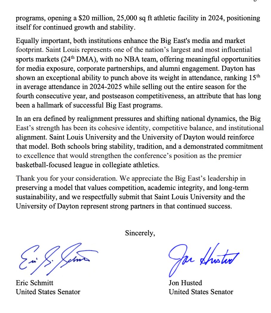 DavidPJablonski's tweet photo. Here's the full letter from Senators Jon Husted and Eric Schmitt to Big East Commissioner Val Ackerman. They "write to respectfully encourage the Big East Conference to consider Saint Louis University (SLU) and the University of Dayton (UD) for membership." https://t.co/dNi2gKDw0R