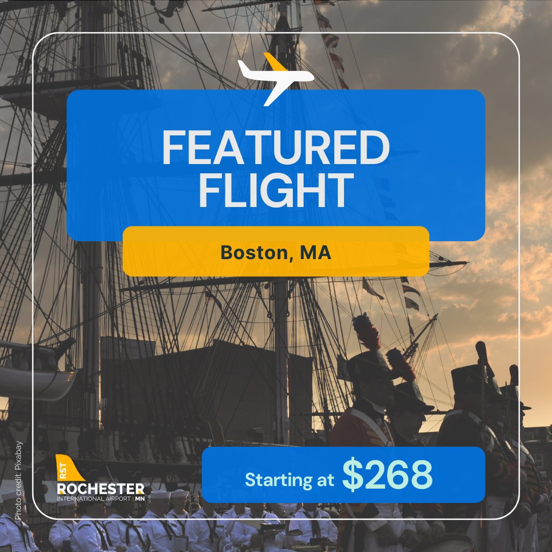 Walk the Freedom Trail. Catch a game. Explore the waterfront.
With just one easy connection, you can fly from RST to Boston starting at $268 and experience everything Beantown has to offer!

#FlyLocal #RST #Flocal #RochesterMN #FlyRST #Boston