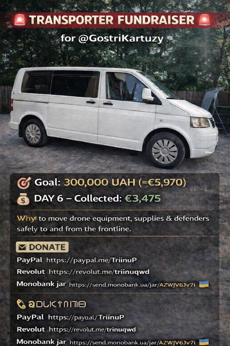 If you can’t donate, a repost still helps a lot.

Transporter for <a href="/GostriKartuzy/">Гострі Картузи 🇺🇦 Peaky Blinders</a>
🎯 300,000 UAH
💰 €3,475

Support:
paypal.me/TriinuP
revolut.me/triinuuqwd
send.monobank.ua/jar/AZWJV6Jv7i 🇺🇦