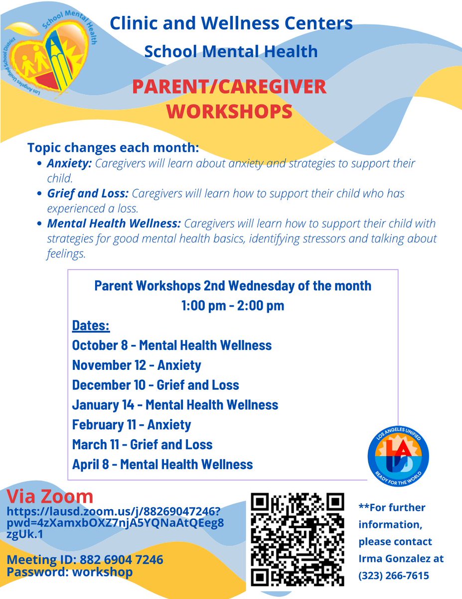 ERJrSrHighPTSA's tweet photo. Monthly Parent Workshops continue today and every 2nd Wednesday, through 4/8, where Mental Health Wellness will be the topic for January.
https://t.co/N7AXJwbJtq ID: 882 6904 7246
Password: workshop
#PTAProud #PTA4Kids #HowWePTA #PTAExcellence #LASchools https://t.co/PkvdiSA2aS