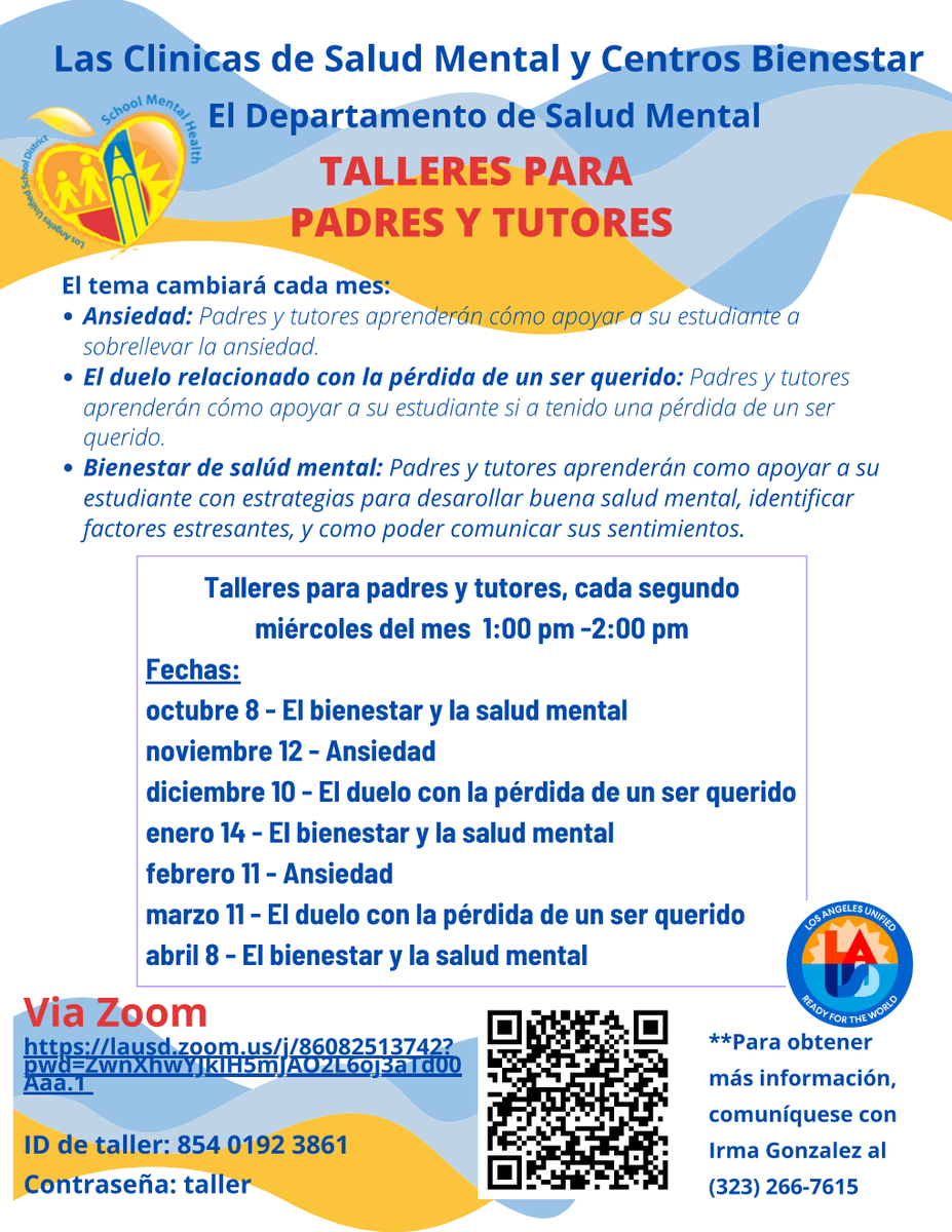 ERJrSrHighPTSA's tweet photo. Monthly Parent Workshops continue today and every 2nd Wednesday, through 4/8, where Mental Health Wellness will be the topic for January.
https://t.co/N7AXJwbJtq ID: 882 6904 7246
Password: workshop
#PTAProud #PTA4Kids #HowWePTA #PTAExcellence #LASchools https://t.co/PkvdiSA2aS