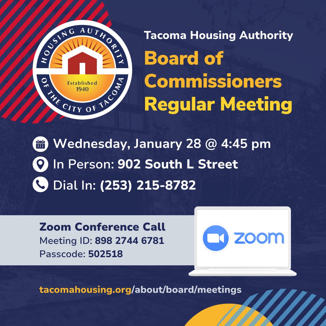 Join us in person or via Zoom: us06web.zoom.us/j/89827446781?…!

Our Board of Commissioners meeting is a great way to learn about Tacoma Housing and our work.