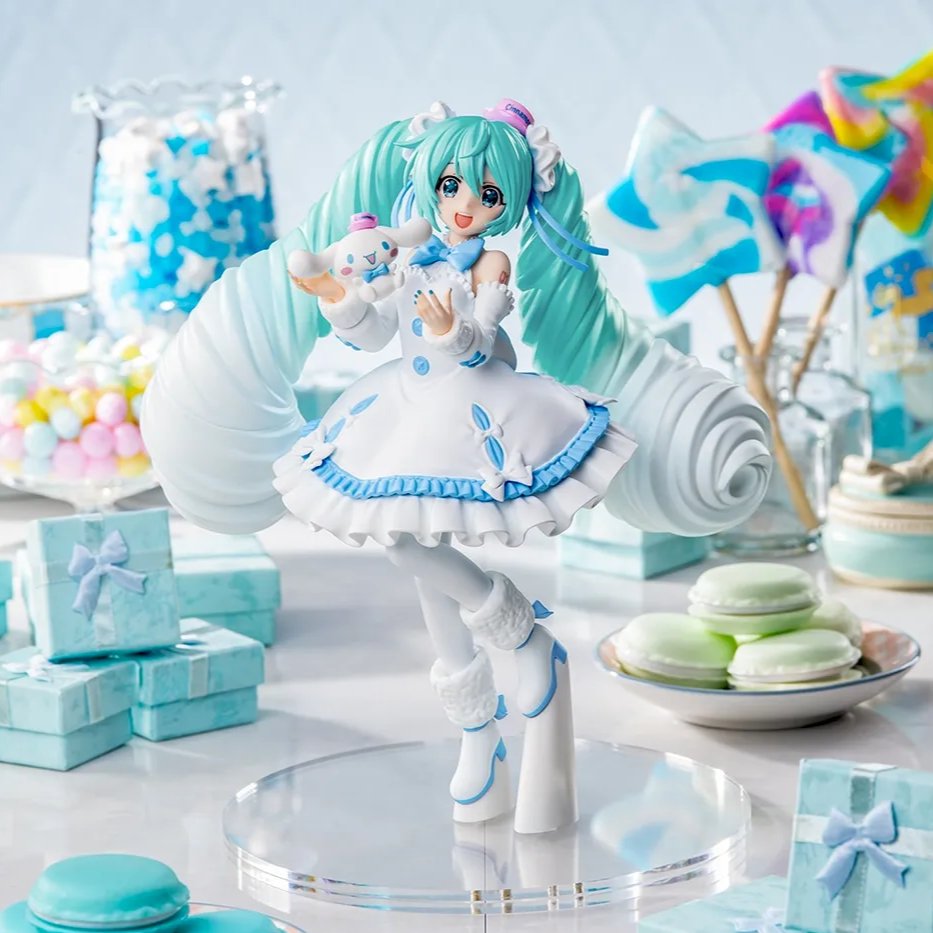 Products's tweet photo. Adorable Hatsune Miku x Cinnamoroll figure in white dress! Perfect for collectors.