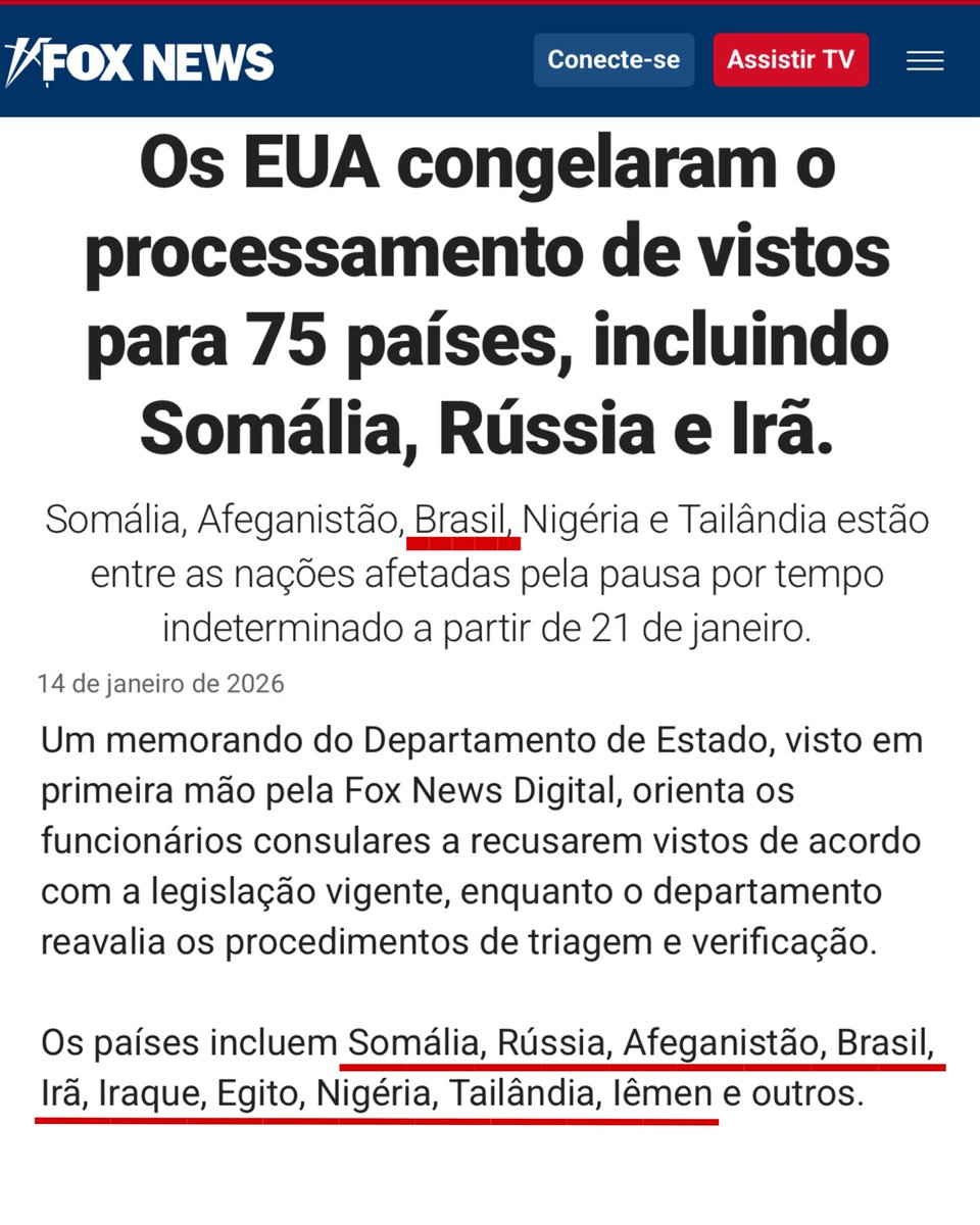 BolsonaroSP's tweet image. 🇧🇷🇺🇸 O Brasil foi oficialmente colocado no mesmo grupo que Somália, Afeganistão, Irã, Iraque, Nigéria e Iêmen na suspensão de vistos americanos anunciada hoje pelo governo dos EUA.

Isso não é detalhe burocrático. É um sinal político grave, um retrato fiel de onde a diplomacia de…