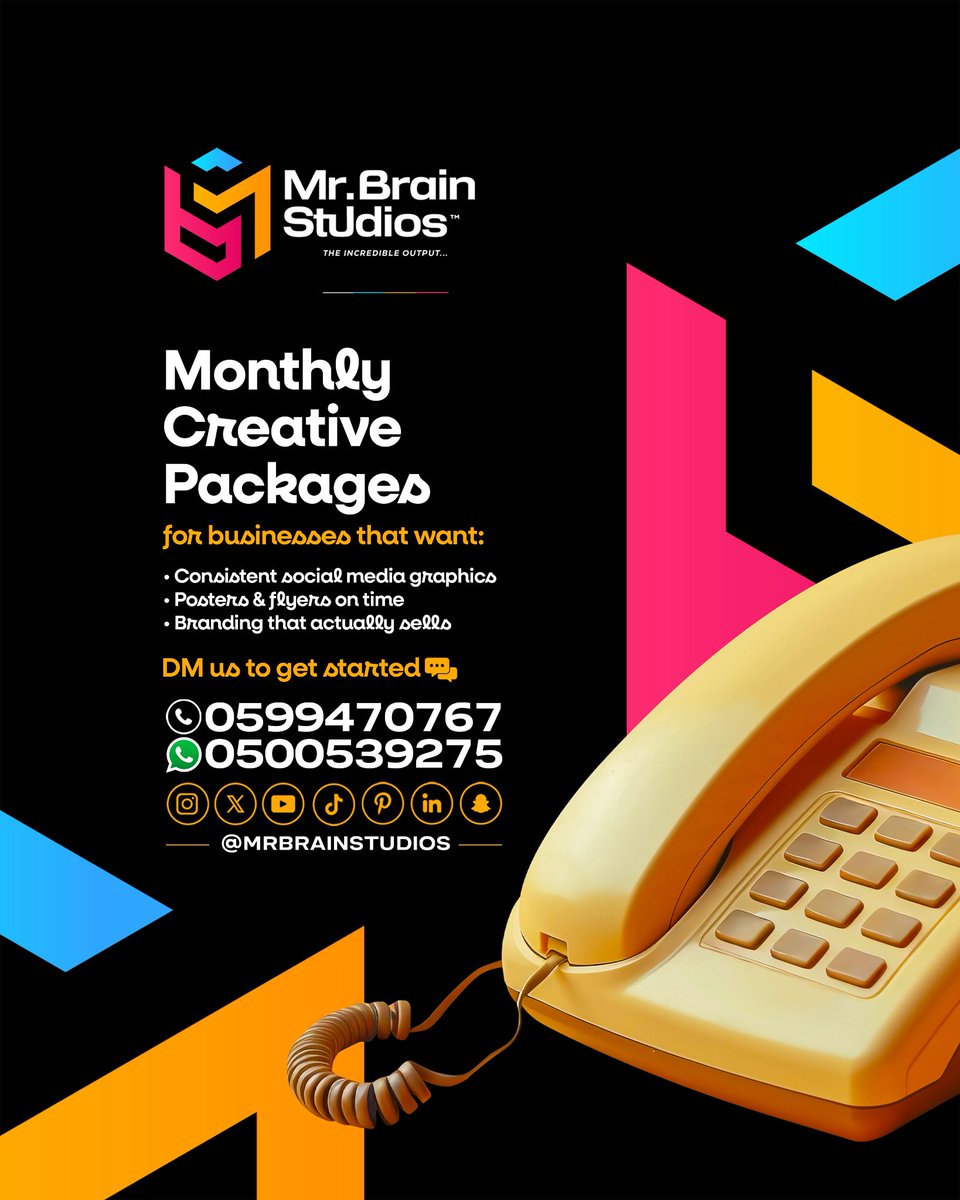 mrbrainstudios's tweet image. Design stress? Sorted.
Our Monthly Creative Packages give your business consistent visuals, timely designs, and branding that works not just looks good.
Let’s handle the creatives while you run the business.
💬 DM us now
@mrbrainstudios
Call: 0599470767
WhatsApp: 0500539275
