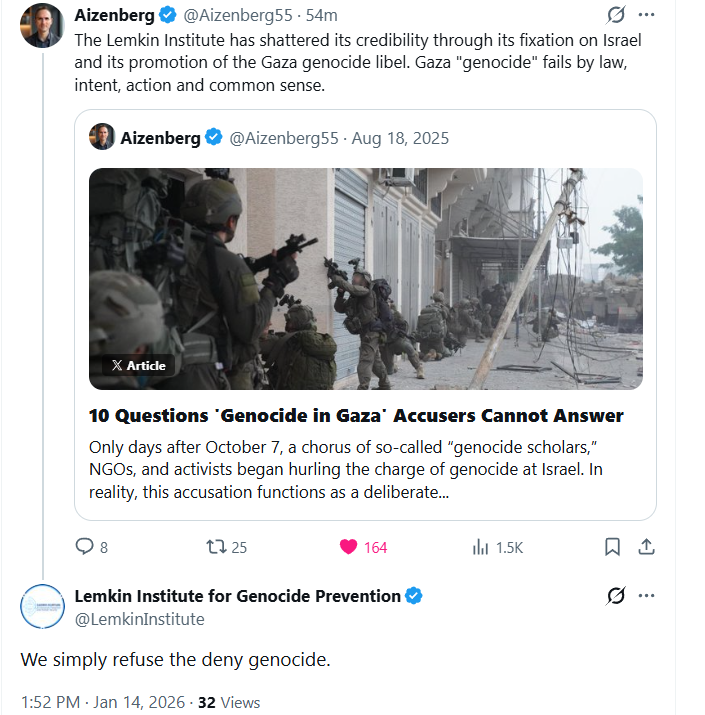 Aizenberg55's tweet image. The @LemkinInstitute could not respond to my detailed rebuttal of the Gaza genocide claim with legal analysis, evidence or analysis of the war in Gaza. It’s genocide because it just is, and that's that. 1/2
