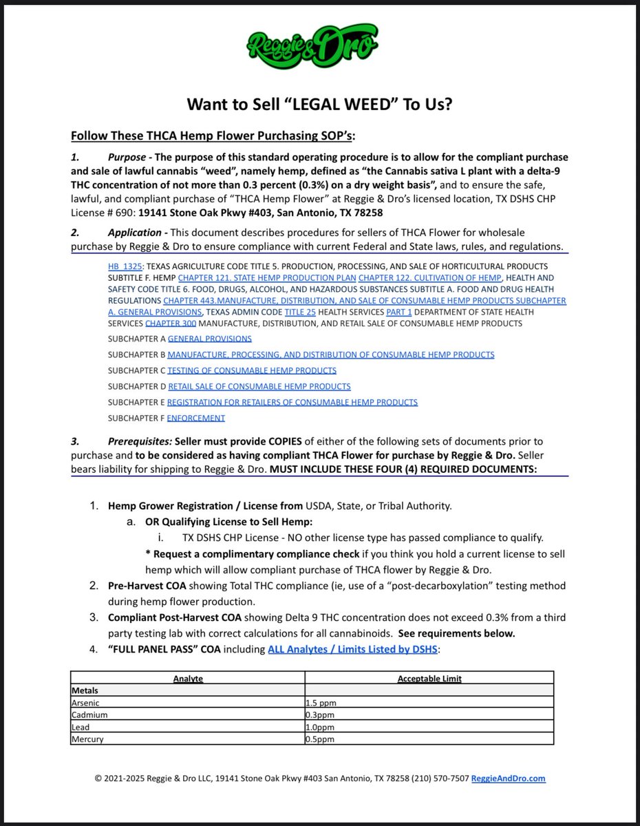 ReggieAndDro's tweet photo. You didn’t know?  The Texas Legislature enacted sensible*  legislation in 2019 with HB1325.  LOOK at all these “regulations” and this long list of pesticides, heavy metals and microbial impurities REQUIRED by EXISTING REGULATION.  

*Missing age gate 2019-2025 was non-sensible.  

Now we’re throwing out the Baby with the Hot Dog Water?

#DEschedule Cannabis Completely ASAP