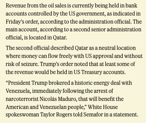 semaforben's tweet image. .@ShelbyTalcott scoop: The US is now in the VZ oil business, and operating it in part out of a bank account in Qatar