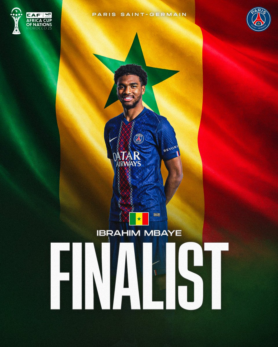 PSG_inside's tweet photo. Victoire 1 but à 0 du Sénégal face à l'Égypte ! 🇸🇳

Ibrahim Mbaye est en finale de l'#AFCON2025 ! 🏆👏 https://t.co/0LFHA6Bynj