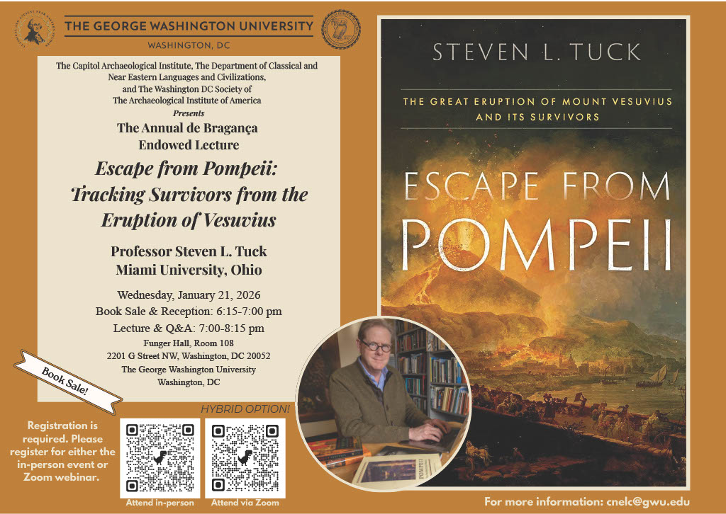 HYBRID EVENT! Bestselling author Prof. Steven L. Tuck tells the story of triumph out of tragedy, uncovered in the ashes of Vesuvius.  

Wednesday, January 21, 2026 
Funger 108
Reception &amp; Book Sale : 6:15-7:00 pm 
Lecture: 7:00-8:15 pm

More info here!
calendar.gwu.edu/event/escape-f…