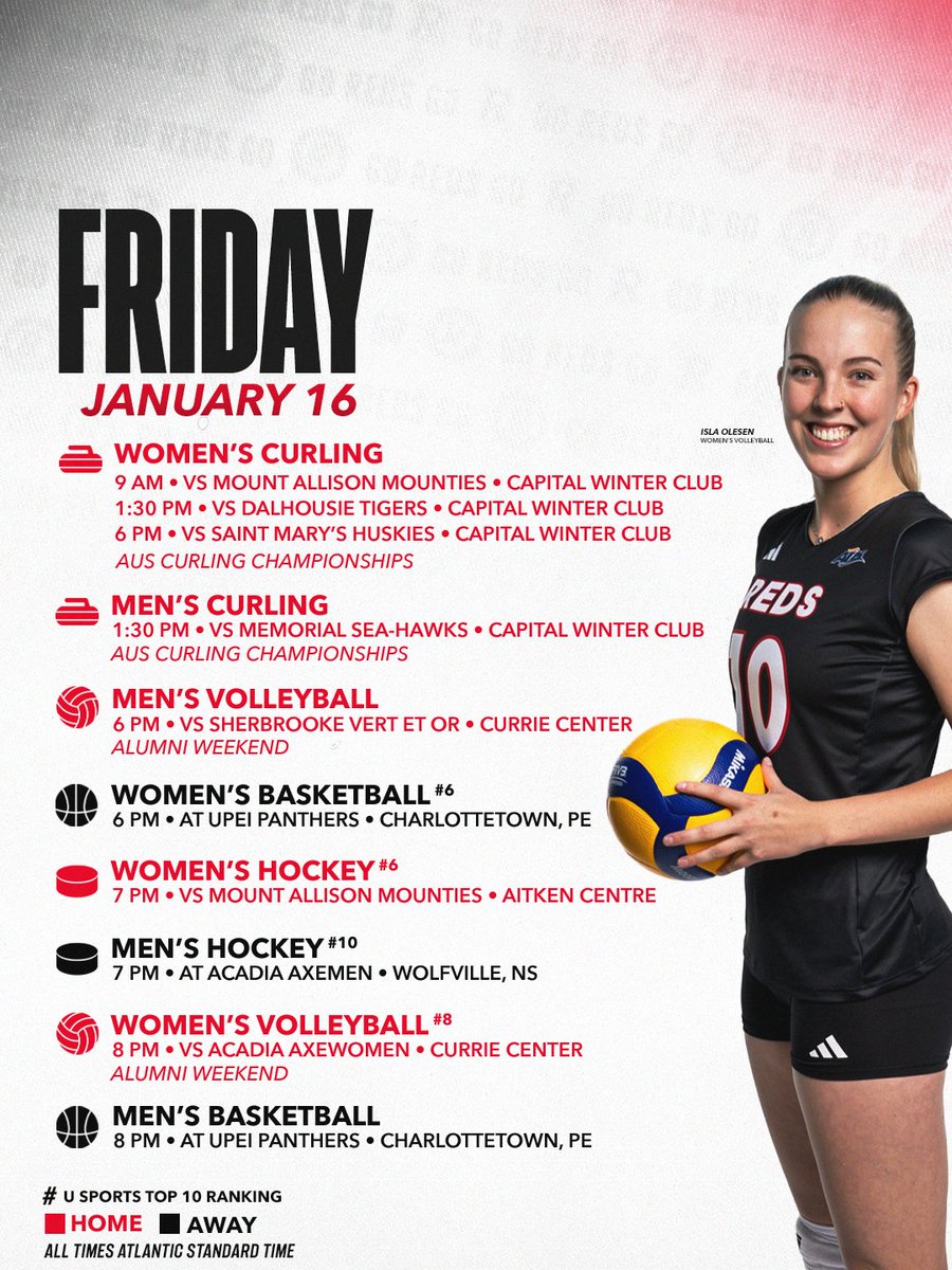 UNBAthletics's tweet photo. THE REDS RUNDOWN IS HERE!

🥌 AUS Curling Championships
🏐 Volleyball Alumni Weekend
🏒 A U SPORTS Top 10 women’s hockey showdown Saturday

And much more. It’s a great week to be a RED 🔴⚫️

Get all the details 👇 https://t.co/vqCaS4s4oM