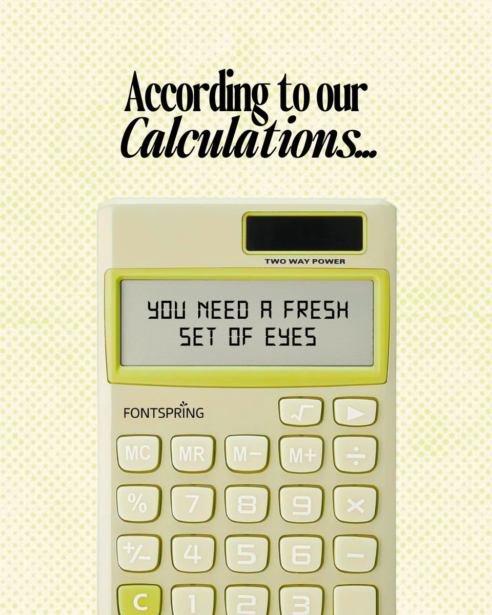 fontspring's tweet image. 🧮 According to our calculations… something’s off. Is it the layout? The spacing? The vibes?

No ❤️ It’s you needing another coffee, a restart, and maybe a fresh set of eyes 👀 Save this for your next design spiral #DesignerProbs #Fontspring