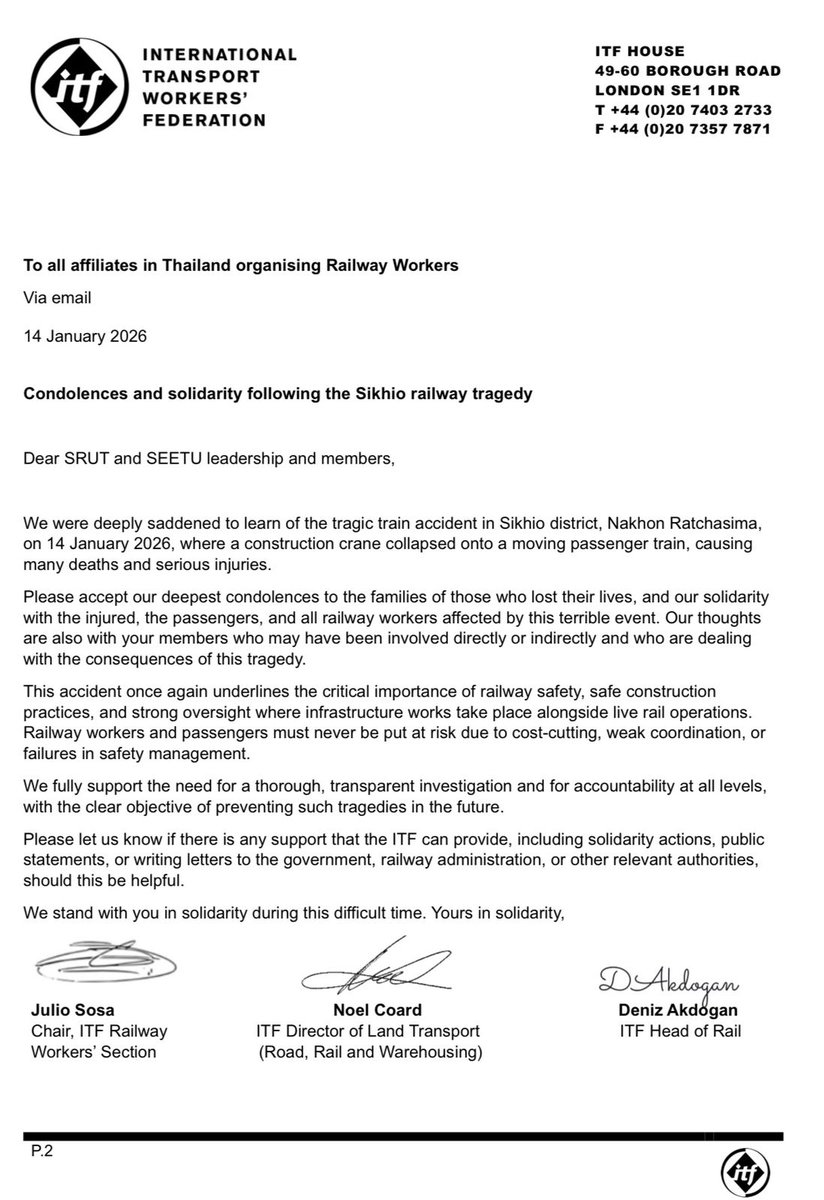 JulioSosaFrate's tweet photo. Desde la Sección Ferroviaria Global de la Federación Internacional de los Trabajadores del Transporte (ITF) expresamos nuestro más profundo pesar y consternación por el trágico accidente ocurrido en el distrito de Sikhio, provincia de Nakhon Ratchasima, Tailandia, donde el... https://t.co/ljoKOm3eES