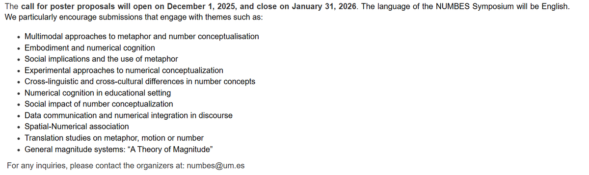psylex_lab's tweet photo. 📢 CFP abierto
🧠🔢 NUMBES Symposium: Numbers, Motion &amp; Multimodality
📍 Cabo de Palos, U. Murcia  | 🗓️ 28–29 mayo

✍️ Si trabajas en cognición numérica, metáfora, multimodalidad, manda tu abstract antes del 31 de enero. 

👉 https://t.co/uUsesXbNrb https://t.co/8iyFE0cxD2