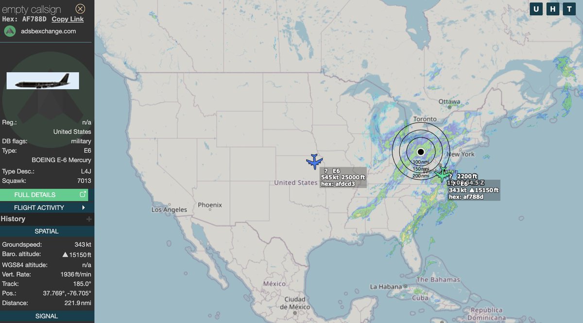 neetintel's tweet image. Two of three E6s which are likely going to act as SKYMASTERs are now visible on public flight trackers. They are using 'tactical' hexes.

For the west coast, ? (not on trackers)
For the central US, #AFDCD3
For the east coast, #AF788D