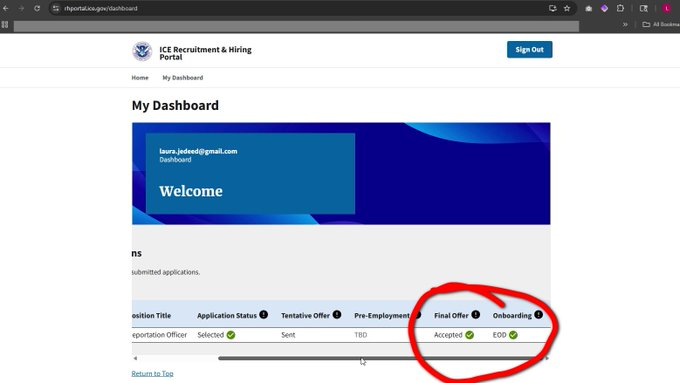 ReichlinMelnick's tweet image. Incredible how blatantly @DHSgov lies. @LauraJedeed posted the proof showing the system claimed she accepted a final offer (not a "Tentative Selection") in ICE's own jobs portal.

Could there have been a technical error? Definitely! Perhaps DHS should look into that BEFORE lying?
