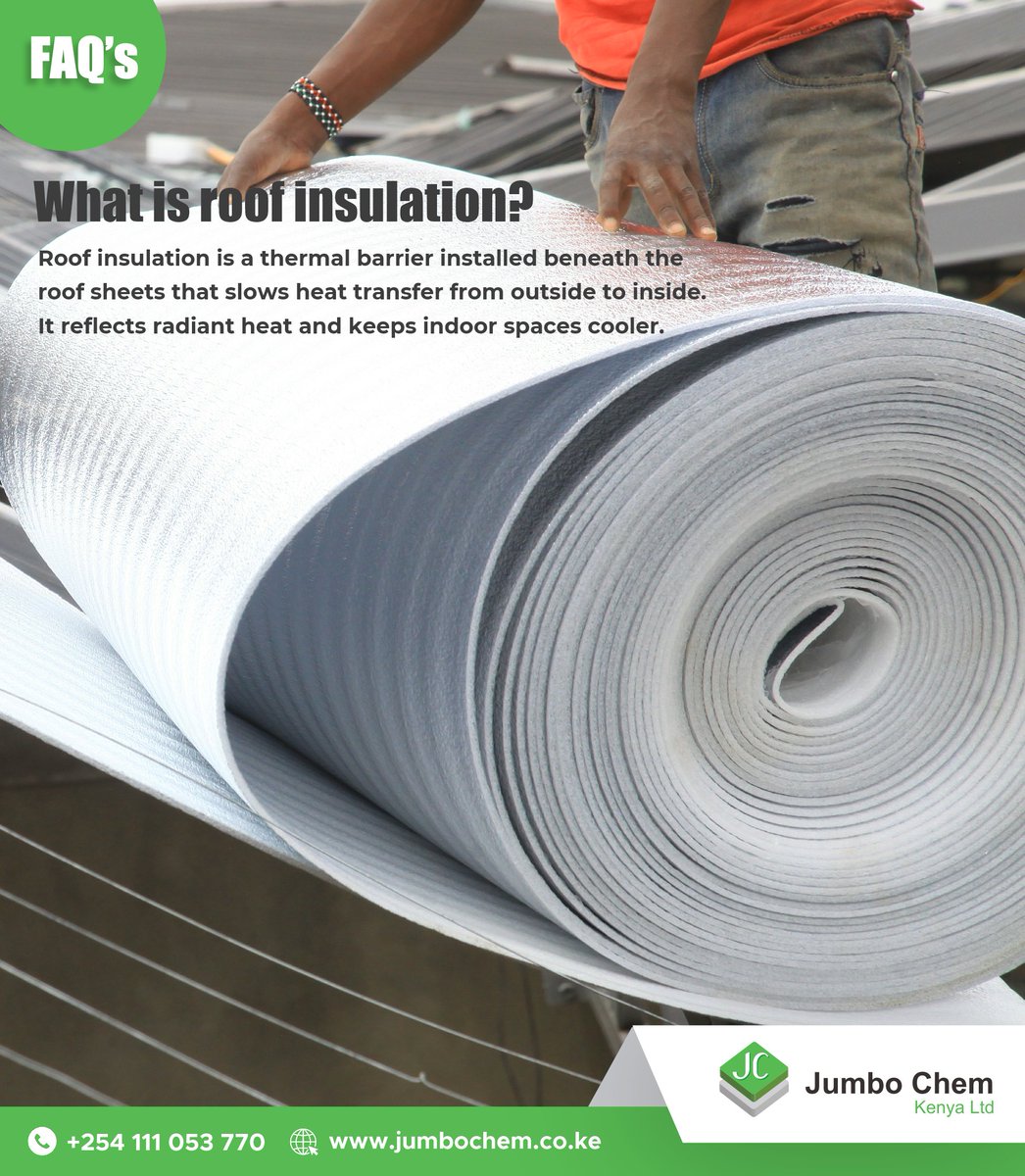 #FAQFriday

Roof insulation ni nini?

Ni material huwekwa chini ya mabati
Inazuia joto kupenya ndani ya nyumba
Na hufanya room ikae cool hata jua ikiwa kali.

#BuildWithJumboChem #RoofInsulation #Jumbolene