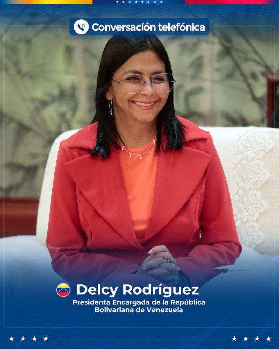 🇻🇪🇺🇸 | LO ÚLTIMO: Delcy Rodríguez sobre conversación telefónica con Trump:

"El día de hoy sostuve una larga, productiva y cortés conversación telefónica con el Presidente de los Estados Unidos, Donald Trump, desarrollada en un marco de respeto mutuo, en la que abordamos una
