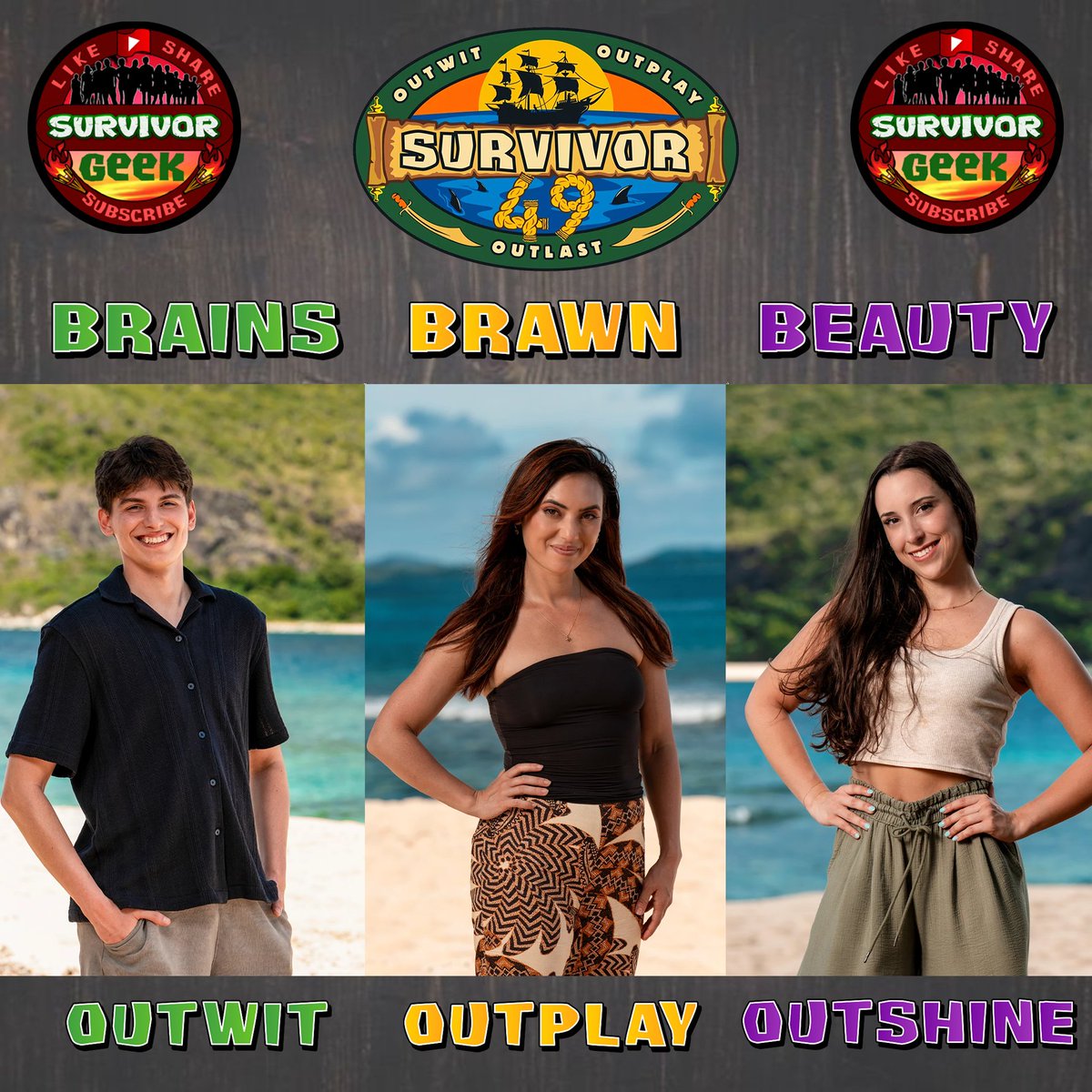 Congratulations to our Winners from 
#Survivor49!
Rizo Velovic | Brains/Outwit
Savannah Louie | Brawn/Outplay
Sophi Balerdi | Beauty/Outshine

youtube.com/@SurvivorGeek/…

<a href="/RizGod__/">RizGod</a>
<a href="/savannahlouieTV/">Savannah Louie</a>
instagram.com/sophibalerdi/
#Survivor
<a href="/survivorcbs/">SURVIVOR</a>